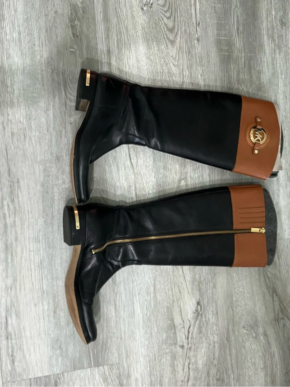 Michael Kors Black and Brown Leather Tall Riding Boots with Logo Accent